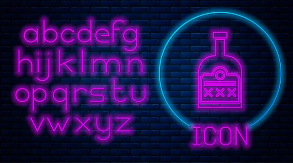 Glowing neon Alcohol drink Rum bottle icon isolated on brick wall background. Neon light alphabet. Vector Illustration — 스톡 벡터