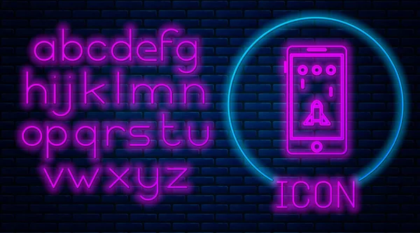 Leuchtende Neon-Smartphone und spielen in Spiel-Symbol isoliert auf Ziegelwand Hintergrund. Mobile Gaming Konzept. Neonlicht-Alphabet. Vektorillustration — Stockvektor