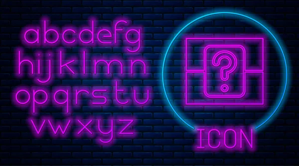 Leuchtende Neon Mystery Box oder zufällige Beute Box für Spiele-Symbol isoliert auf Backstein-Wand-Hintergrund. Fragezeichen. Neonlicht-Alphabet. Vektorillustration — Stockvektor