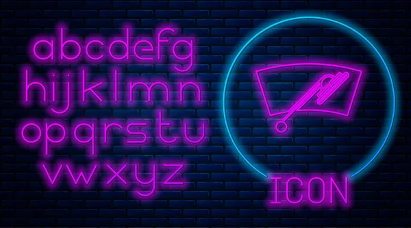 Glowing neon Windscreen wiper icon isolated on brick wall background. Neon light alphabet. Vector Illustration — Stock Vector