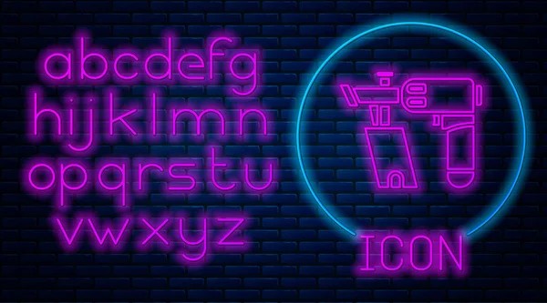 Glowing neon Nail gun icon isolated on brick wall background. Neon light alphabet. Vector Illustration — Stock Vector