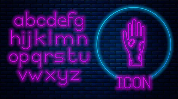 Leuchtende neonfarbene Hand mit Psoriasis oder Ekzem-Symbol isoliert auf Backsteinmauer Hintergrund. Konzept der menschlichen Hautreaktion auf Allergene oder chronische Körperprobleme. Neonlicht-Alphabet. Vektorillustration — Stockvektor