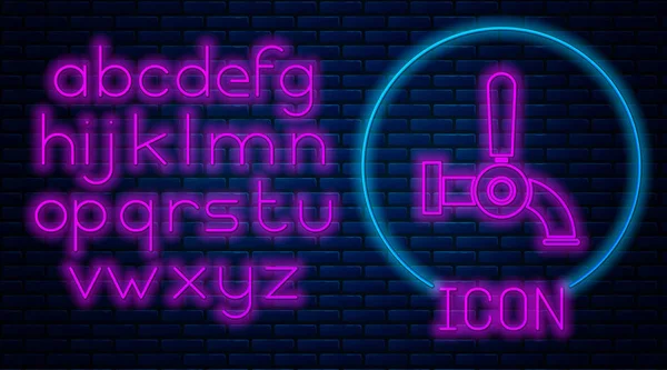 Glödande neon Öl kran ikon isolerad på tegel vägg bakgrund. Neonljus alfabet. Vektor Illustration — Stock vektor