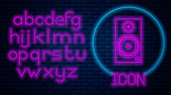 Glowing neon Stereo speaker icon isolated on brick wall background. Sound system speakers. Music icon. Musical column speaker bass equipment. Neon light alphabet. Vector Illustration — Stock Vector