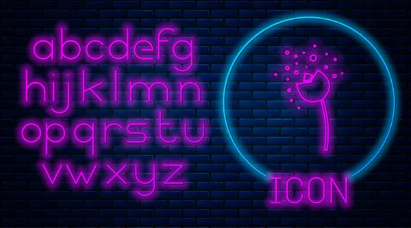 Gloeiende neon Bloem produceren stuifmeel in de atmosfeer pictogram geïsoleerd op baksteen muur achtergrond. Neon licht alfabet. Vector Illustratie — Stockvector
