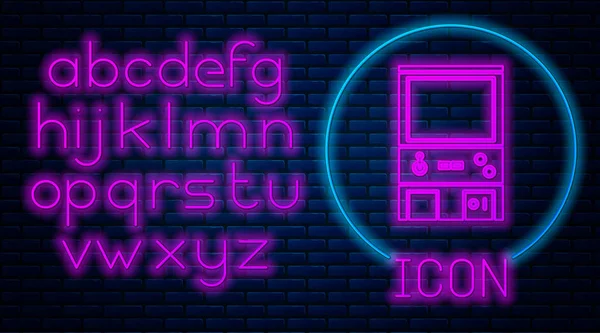 Glowing neon Retro arcade game machine icon isolated on brick wall background. Neon light alphabet. Vector Illustration — 스톡 벡터