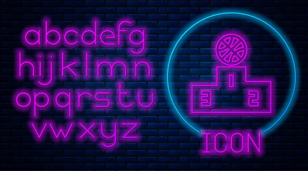 Gloeiende neon Basketbal over sport winnaar podium pictogram geïsoleerd op baksteen muur achtergrond. Neon licht alfabet. Vector Illustratie — Stockvector