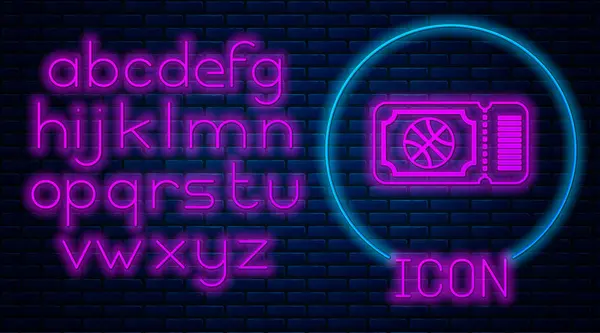 Parlayan neon basketbol bileti ikonu tuğla duvar arkasında izole edilmiş. Neon ışıklı alfabe. Vektör İllüstrasyonu — Stok Vektör