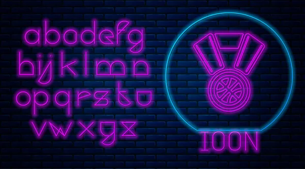 Gloeiende neon Basketbal medaille met lint pictogram geïsoleerd op bakstenen muur achtergrond. Neon licht alfabet. Vector Illustratie — Stockvector