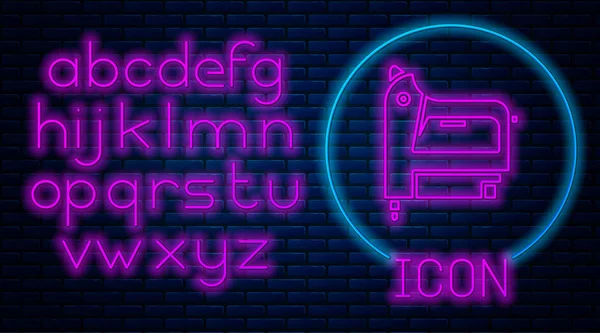 Gloeiende neon Elektrische constructie nietmachine pictogram geïsoleerd op baksteen muur achtergrond. Werktuig. Neon licht alfabet. Vector Illustratie — Stockvector