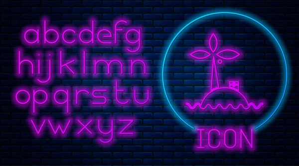 Glowing neon Tropical island in ocean icon isolated on brick wall background. Landscape with ocean and palm trees. Travel. Neon light alphabet. Vector Illustration — 스톡 벡터