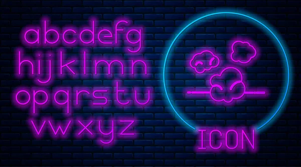 Glödande neon Damm ikon isolerad på tegel vägg bakgrund. Neonljus alfabet. Vektor Illustration — Stock vektor