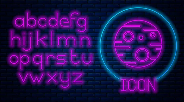 Glowing neon Planet Mars icon isolated on brick wall background. Neon light alphabet. Vector Illustration — 스톡 벡터