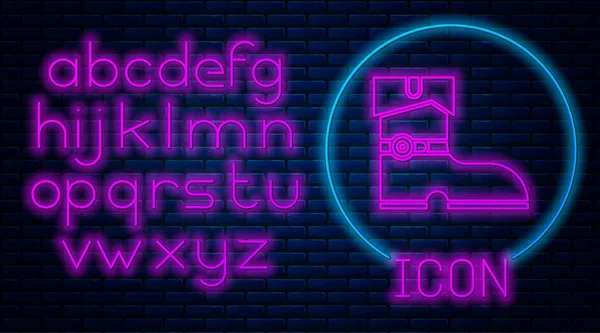 Glowing neon Leather pirate boots icon isolated on brick wall background. Neon light alphabet. Vector Illustration — 스톡 벡터