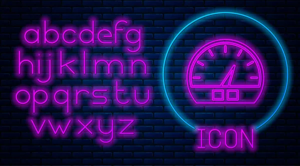 Ragyogó neon Sebességmérő ikon elszigetelt téglafal háttér. Neonfény ábécé. Vektorillusztráció — Stock Vector