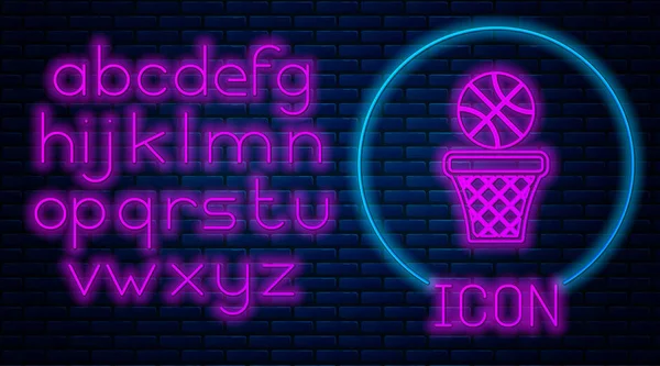 Glowing neon Basketball ball and basket icon isolated on brick wall background. Ball in basketball hoop. Neon light alphabet. Vector Illustration — Stock Vector