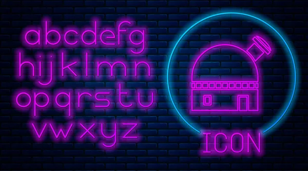 Leuchtende Neon-Sternwarte Ikone isoliert auf Backsteinwand Hintergrund. Neonlicht-Alphabet. Vektorillustration — Stockvektor