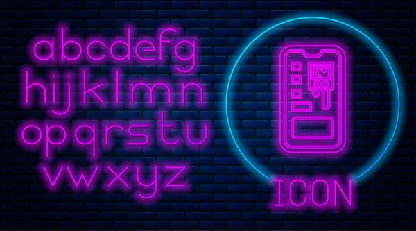 Świecący neon Inteligentny system sterowania mobilna ikona aplikacji odizolowana na ceglanym tle ściany. Neonowy alfabet świetlny. Ilustracja wektora — Wektor stockowy