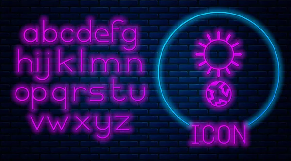 Ragyogó neon napforduló ikon elszigetelt téglafal háttér. Neonfény ábécé. Vektorillusztráció — Stock Vector