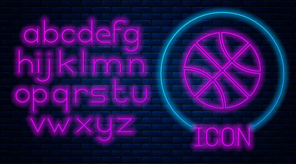 Glowing neon Basketball ball icon isolated on brick wall background. Sport symbol. Neon light alphabet. Vector Illustration — 스톡 벡터