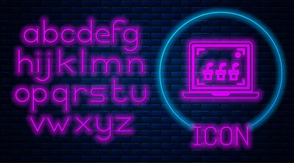 ネオンの栽培スマート農業技術-レンガの壁の背景に隔離されたファームオートメーションシステムのアイコン。ネオンライトアルファベットベクターイラスト — ストックベクタ