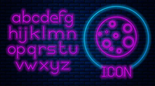 Leuchtende Neon Moon Ikone isoliert auf Backsteinwand Hintergrund. Neonlicht-Alphabet. Vektorillustration — Stockvektor