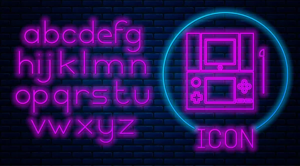 Gloeiende neon Draagbare video game console pictogram geïsoleerd op baksteen muur achtergrond. Gamepad bord. Gokconcept. Neon licht alfabet. Vector Illustratie — Stockvector