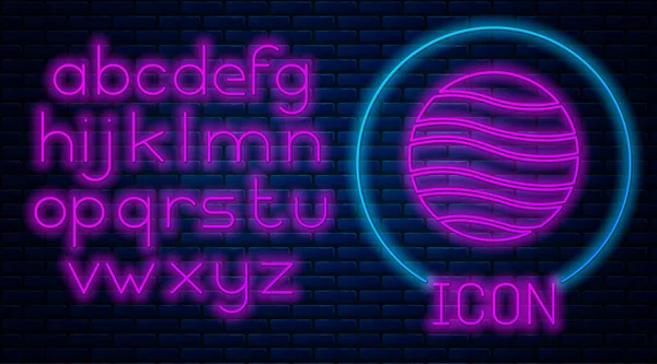 Glowing neon Planet Jupiter icon isolated on brick wall background. Neon light alphabet. Vector Illustration — 스톡 벡터