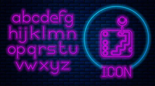 レンガの壁の背景に隔離されたネオンギアシフターアイコンを光る。送信アイコン。ネオンライトアルファベットベクターイラスト — ストックベクタ