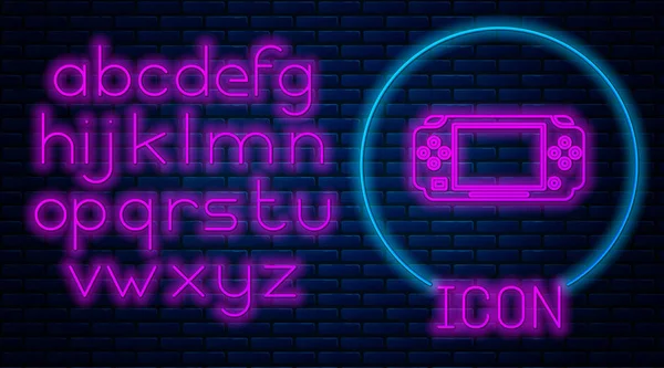 Glowing neon Portable video game console icon isolated on brick wall background. Gamepad sign. Gaming concept. Neon light alphabet. Vector Illustration — Stock Vector