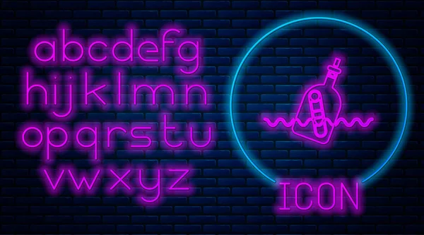 Glowing neon Glass bottle with a message in water icon isolated on brick wall background. Letter in the bottle. Pirates symbol. Neon light alphabet. Vector Illustration — 스톡 벡터