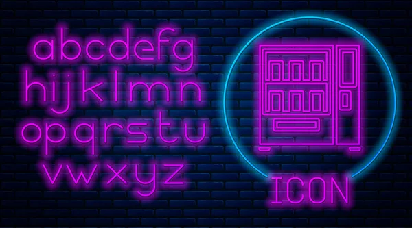 Glödande neon varuautomat av mat och dryck automatisk försäljning ikon isolerad på tegel vägg bakgrund. Neonljus alfabet. Vektor Illustration — Stock vektor