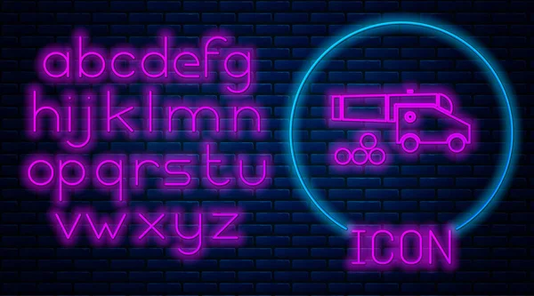 Glowing neon Cannon with cannonballs icon isolated on brick wall background. Medieval weapons. Neon light alphabet. Vector Illustration — 스톡 벡터