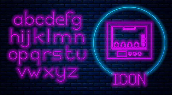 Glowing neon Incubator for eggs icon isolated on brick wall background. Neon light alphabet. Vector Illustration — 스톡 벡터