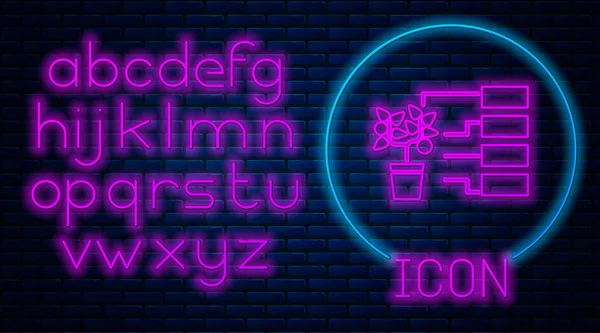 Glowing neon Flower analysis icon isolated on brick wall background. Neon light alphabet. Vector Illustration — Stock Vector