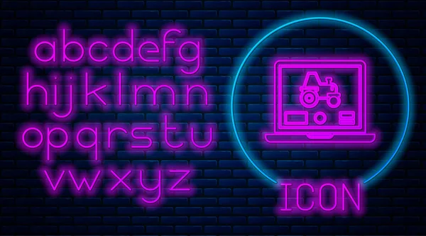 Gloeiende neon Laptop applicatie voor het besturen van een autonome trekker op een slimme boerderij pictogram geïsoleerd op baksteen muur achtergrond. Slimme landbouw. Neon licht alfabet. Vector Illustratie — Stockvector