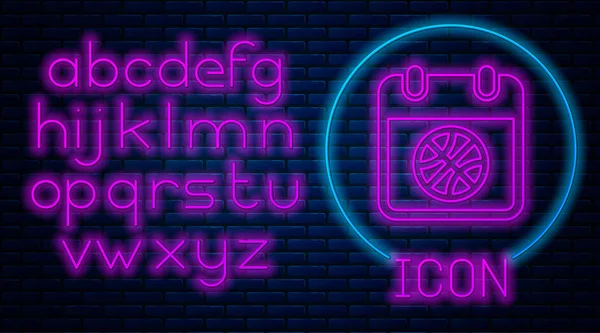 Leuchtende Neon-Basketball auf Sport-Kalender-Symbol isoliert auf Ziegelwand Hintergrund. Neonlicht-Alphabet. Vektorillustration — Stockvektor