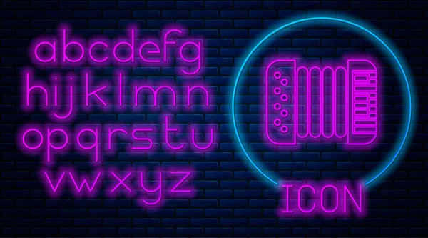 Glödande neon Musikinstrument dragspel ikon isolerad på tegel vägg bakgrund. Klassisk bajansk, harmonisk. Neonljus alfabet. Vektor Illustration — Stock vektor