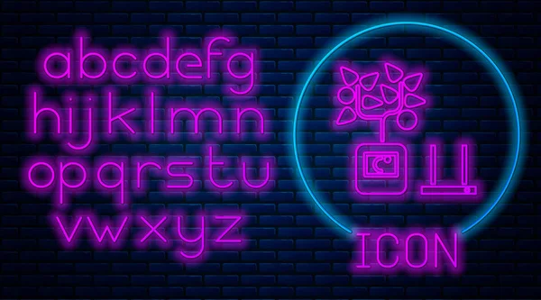Glowing neon Smart farming technology - farm automation system in app icon isolated on brick wall background. Neon light alphabet. Vector Illustration — 스톡 벡터
