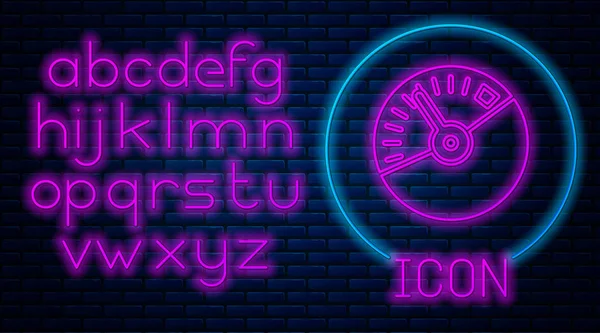 Glowing neon Speedometer icon isolated on brick wall background. Neon light alphabet. Vector Illustration — Stock Vector