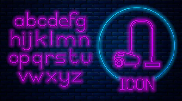 Glowing neon Vacuum cleaner icon isolated on brick wall background. Neon light alphabet. Vector Illustration — Stock Vector