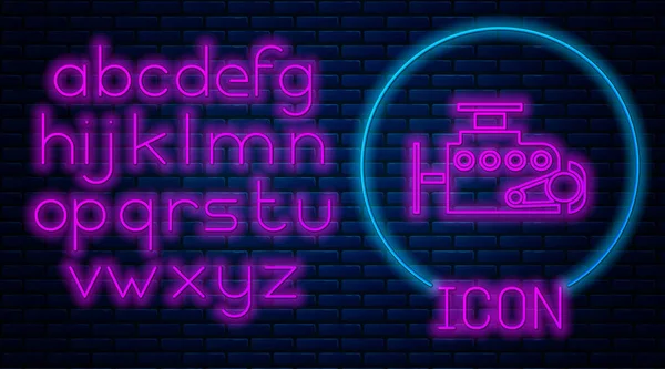 レンガの壁の背景に隔離されたネオンカーエンジンのアイコンを光る。ネオンライトアルファベットベクターイラスト — ストックベクタ