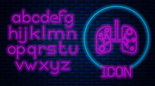 Glowing neon Lungs icon isolated on brick wall background. Neon light alphabet. Vector Illustration — 스톡 벡터