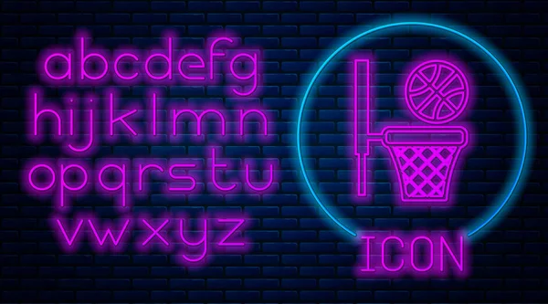 Glowing neon Basketball ball and basket icon isolated on brick wall background. Ball in basketball hoop. Neon light alphabet. Vector Illustration — Stock Vector