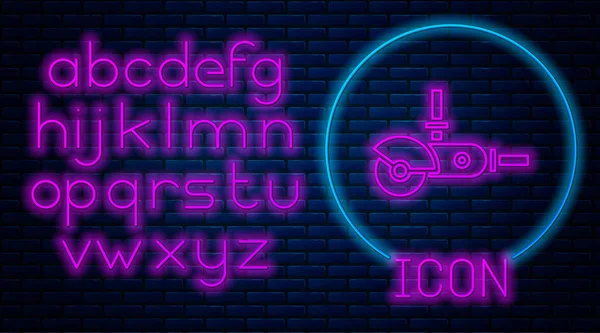 Glowing neon Angle grinder icon isolated on brick wall background. Neon light alphabet. Vector Illustration — 스톡 벡터
