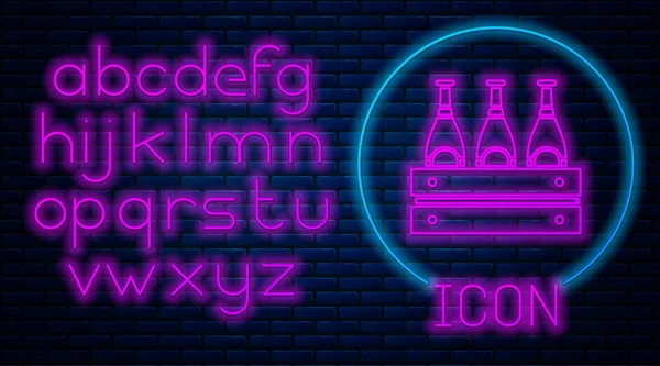 Leuchtende neonfarbene Päckchen Bierflaschen stehen isoliert auf Backsteinwänden. Holzkiste und Bierflaschen. Kästen-Bierkastenschild. Neonlicht-Alphabet. Vektorillustration — Stockvektor