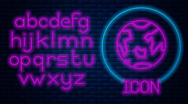 Parlayan neon renkli Dünya ikonu tuğla duvar arka planında izole edilmiş. Neon ışıklı alfabe. Vektör İllüstrasyonu — Stok Vektör