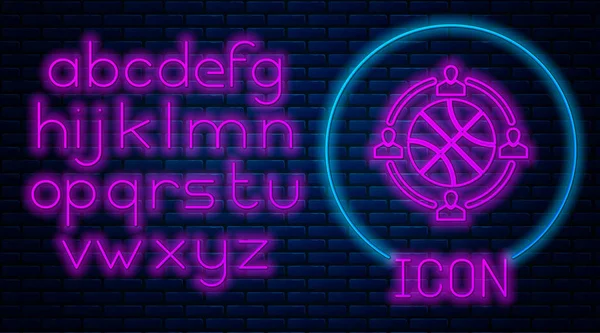 Glowing neon Clock with basketball ball inside icon isolated on brick wall background. Basketball time. Sport and training. Neon light alphabet. Vector Illustration — 스톡 벡터
