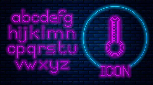 Glowing neon Meteorology thermometer measuring heat and cold icon isolated on brick wall background. Thermometer equipment showing hot or cold weather. Neon light alphabet. Vector Illustration — Stock Vector