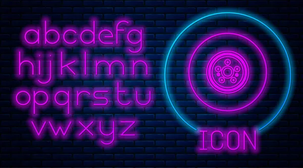 Glowing neon Car brake disk icon isolated on brick wall background. Neon light alphabet. Vector Illustration — Stock Vector